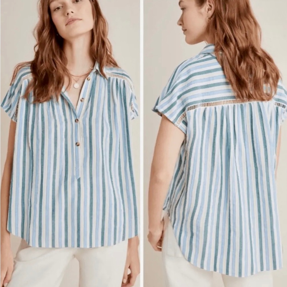 Anthropologie Pilcro & The Letterpress Stripe Green Blue Serena Surf Blouse